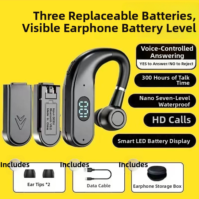 In-ear bezdrôtové Bluetooth slúchadlá s vymeniteľnou batériou, háčik na ucho, univerzálne pre Apple, Huawei, Vivo — Bluetooth 5.2, dosah 10 m, vodeodolné, výdrž batérie viac ako 8 hodín, digitálny displej