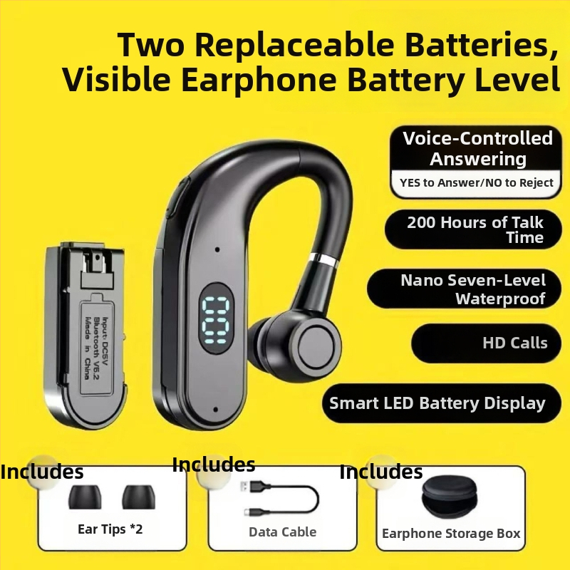 In-ear bezdrôtové Bluetooth slúchadlá s vymeniteľnou batériou, háčik na ucho, univerzálne pre Apple, Huawei, Vivo — Bluetooth 5.2, dosah 10 m, vodeodolné, výdrž batérie viac ako 8 hodín, digitálny displej