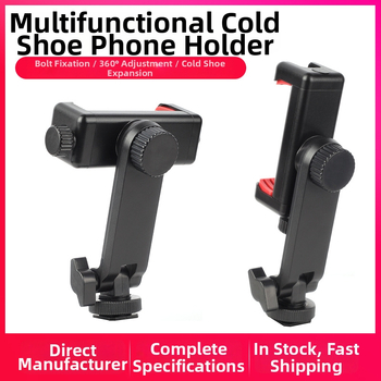 Držiak pre živé vysielanie na mobilný telefón s otočnou upínkou na hot shoe – horizontálne a vertikálne uchytenie, podpora externého displeja, plastová konštrukcia