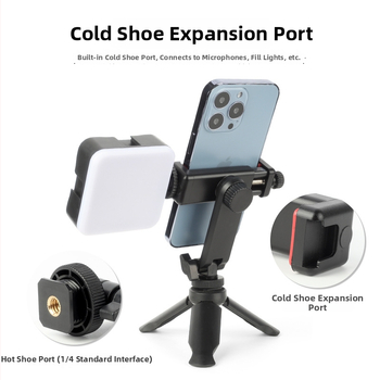 Držiak pre živé vysielanie na mobilný telefón s otočnou upínkou na hot shoe – horizontálne a vertikálne uchytenie, podpora externého displeja, plastová konštrukcia