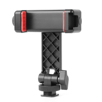 Držiak pre živé vysielanie na mobilný telefón s otočnou upínkou na hot shoe – horizontálne a vertikálne uchytenie, podpora externého displeja, plastová konštrukcia