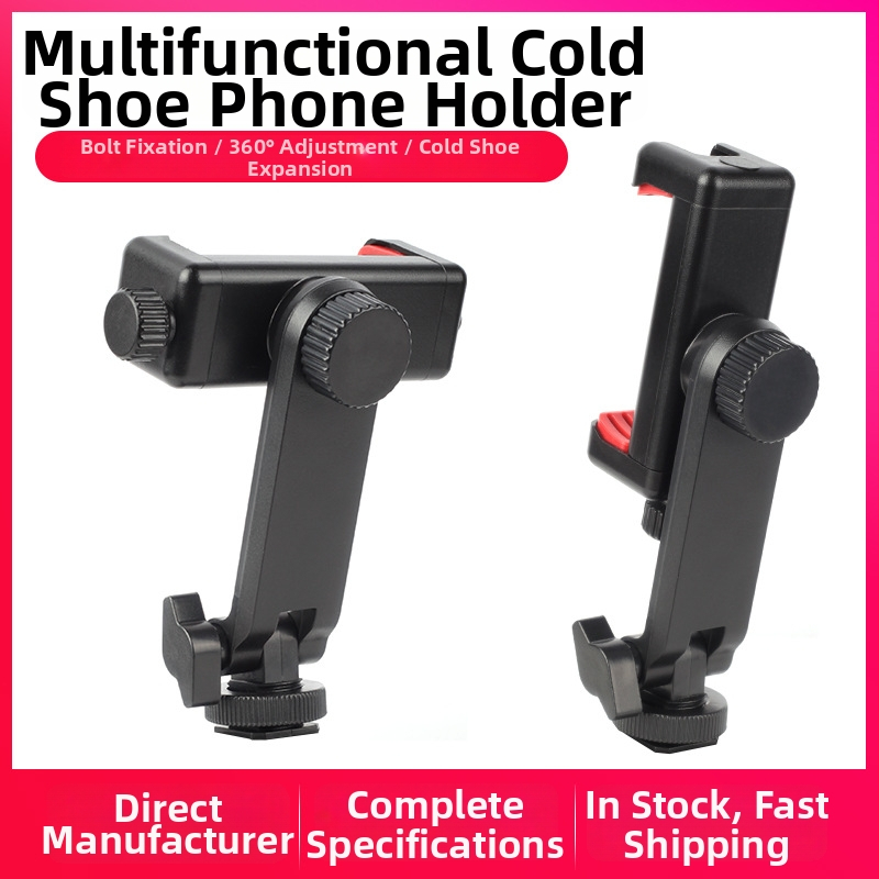 Držiak pre živé vysielanie na mobilný telefón s otočnou upínkou na hot shoe – horizontálne a vertikálne uchytenie, podpora externého displeja, plastová konštrukcia