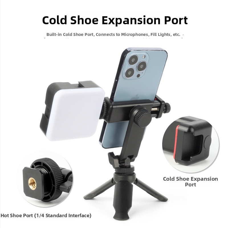 Držiak pre živé vysielanie na mobilný telefón s otočnou upínkou na hot shoe – horizontálne a vertikálne uchytenie, podpora externého displeja, plastová konštrukcia