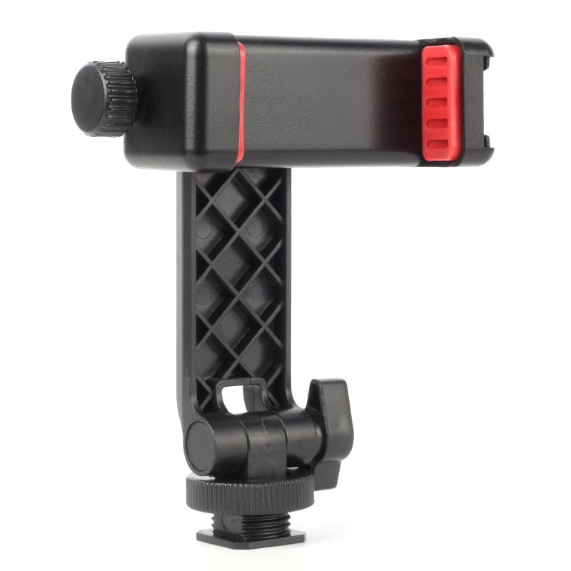 Držiak pre živé vysielanie na mobilný telefón s otočnou upínkou na hot shoe – horizontálne a vertikálne uchytenie, podpora externého displeja, plastová konštrukcia