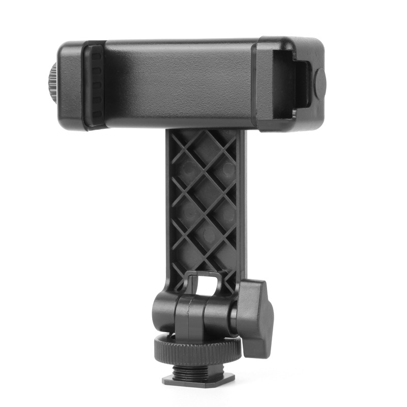 Držiak pre živé vysielanie na mobilný telefón s otočnou upínkou na hot shoe – horizontálne a vertikálne uchytenie, podpora externého displeja, plastová konštrukcia