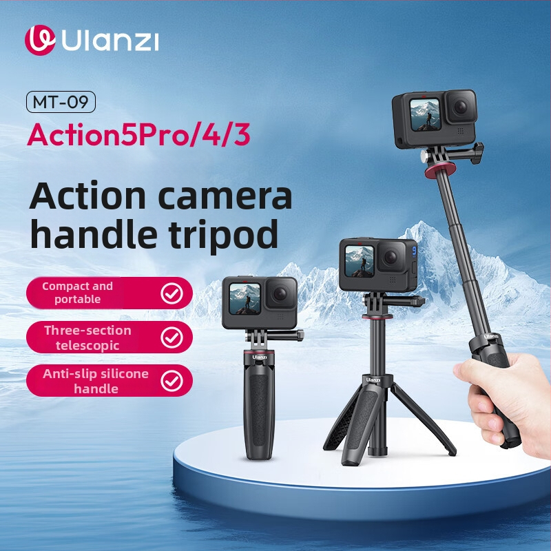 Ulanzi MT-09 Mini Rozšíriteľný statív pre DJI Action 6/5 Pro/4 – ABS + hliník, 3 sekcie, nosnosť 1 kg, hmotnosť 74 g, zložená výška 12,7 cm