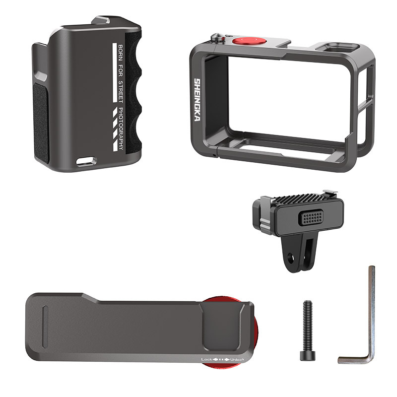 Sheingka алуминиев държач с метална клетка за DJI Action3/4/5 Pro – пълен метален рамков комплект
