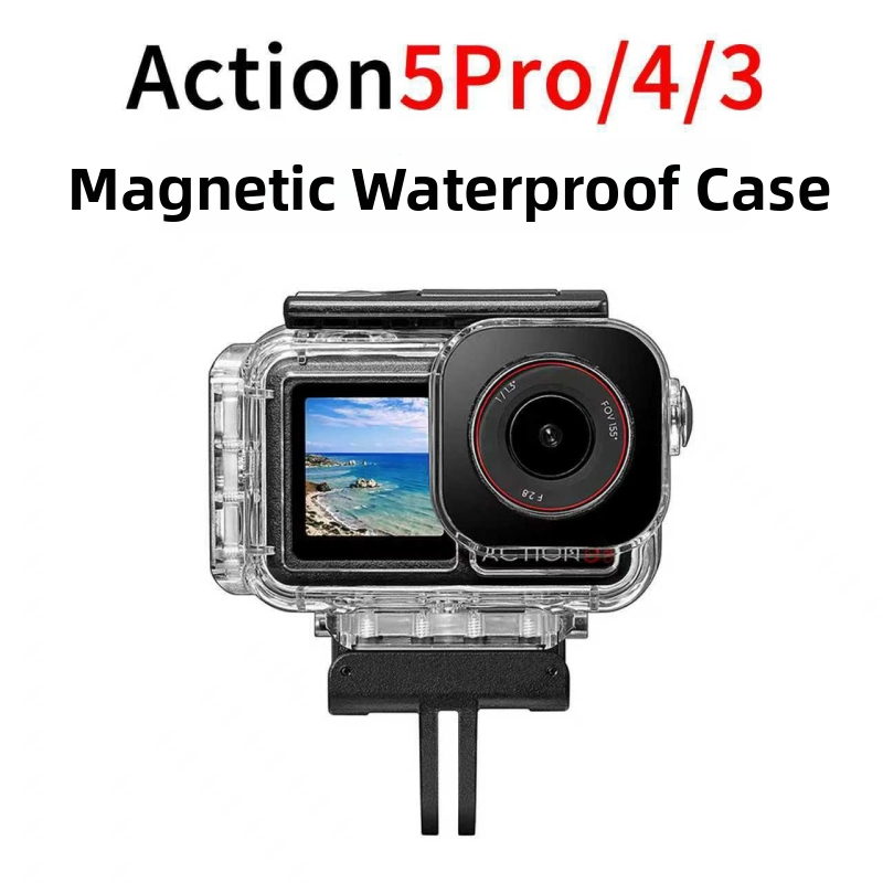 Vodotesné puzdro pre DJI Action6/5Pro/4/3 z ABS+PC a vysoko priehľadným sklom; kompatibilné s Action6/5/4/3; Obsahuje: vodotesné puzdro, T-typ skrutky, vložky proti zahmlievaniu, krabica na balenie