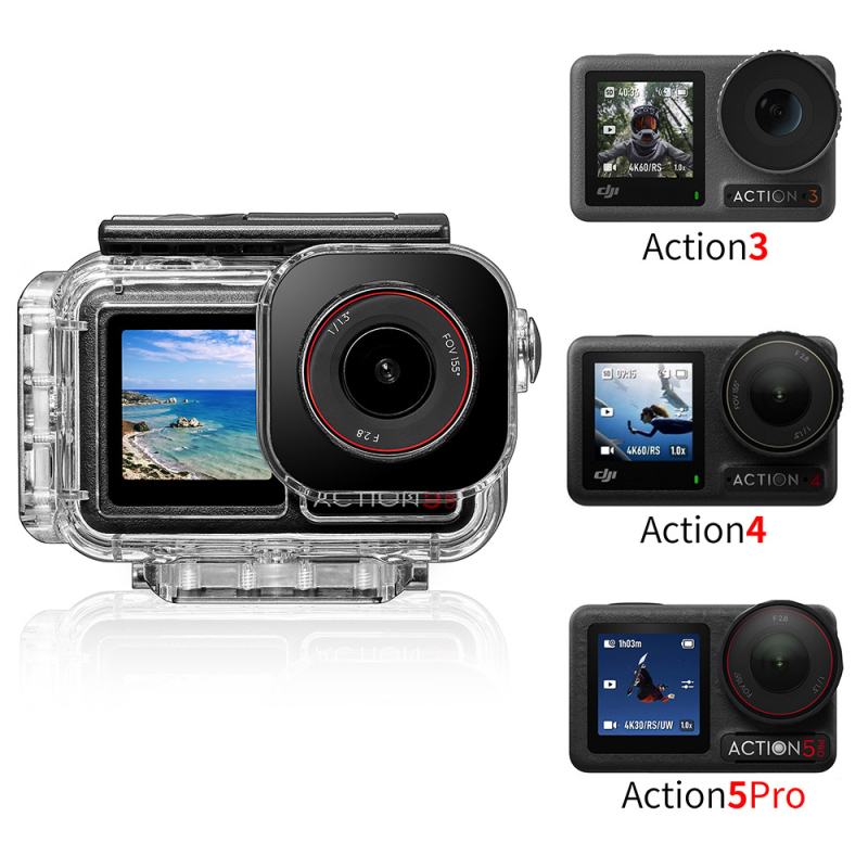 Водоустойчива кутия за DJI Action6/5Pro/4/3 с ABS+PC и прозрачно стъкло; съвместимост: Action6/5/4/3; комплект: водоустойчива обвивка, T-образни винтове, анти-замъгляващи вложки