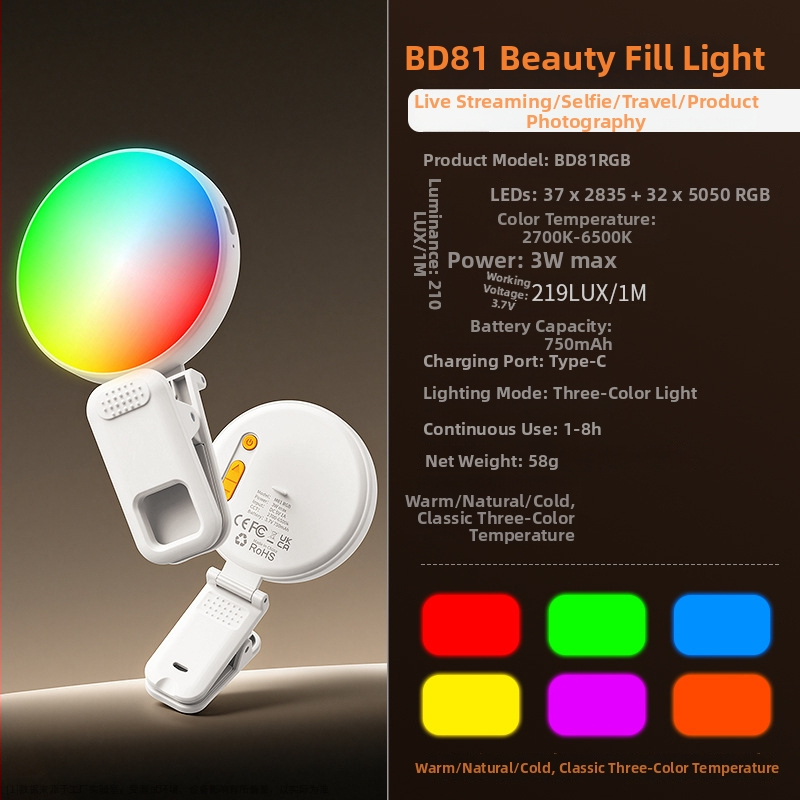 Klip svetla pre telefón — 37 LED, 3W, nastaviteľná farebná teplota 2500K–9900K, DC 3,7V, prenosné LED svetlo pre selfies, vonkajšie snímanie a live stream