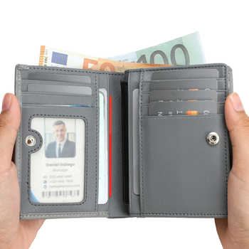 Γυναικείος μικρός δερμάτινος πορτοφόλι με φερμουάρ και πολλές θήκες καρτών — δέρμα δεύτερου στρώματος, επένδυση από ίνες Super Fiber, αστική απλότητα, χειμώνας 2023