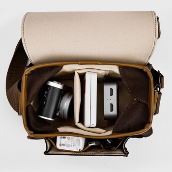 Retro drobės fotoaparato krepšys be veidrodžio kameroms su išlenkta peties juosta – universalus, ant peties arba crossbody