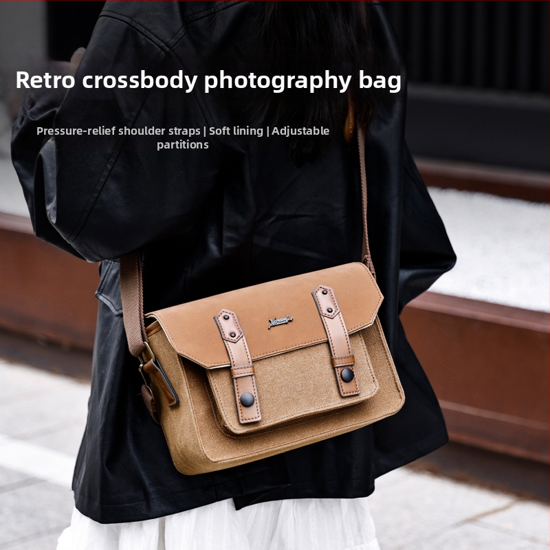 Retro drobės fotoaparato krepšys be veidrodžio kameroms su išlenkta peties juosta – universalus, ant peties arba crossbody