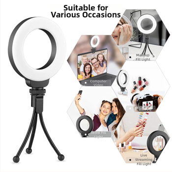 USB napájacie LED kruhové svetlo s hot shoe klipom pre kameru/telefón/PC – 5V, 4.5W, 2500–6500K, stmievateľné a farebne nastaviteľné, dosah 6 m