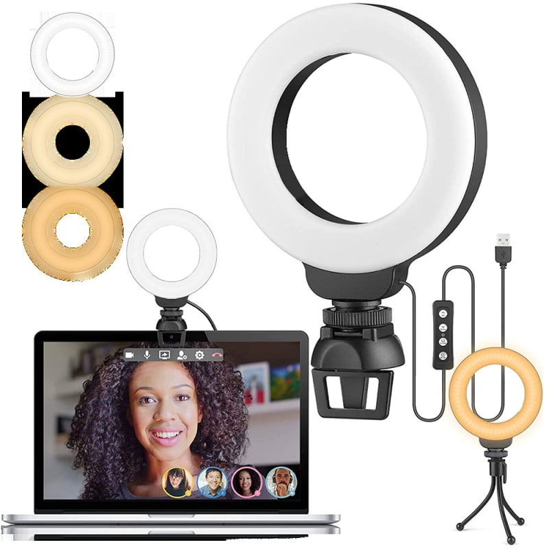 USB napájacie LED kruhové svetlo s hot shoe klipom pre kameru/telefón/PC – 5V, 4.5W, 2500–6500K, stmievateľné a farebne nastaviteľné, dosah 6 m
