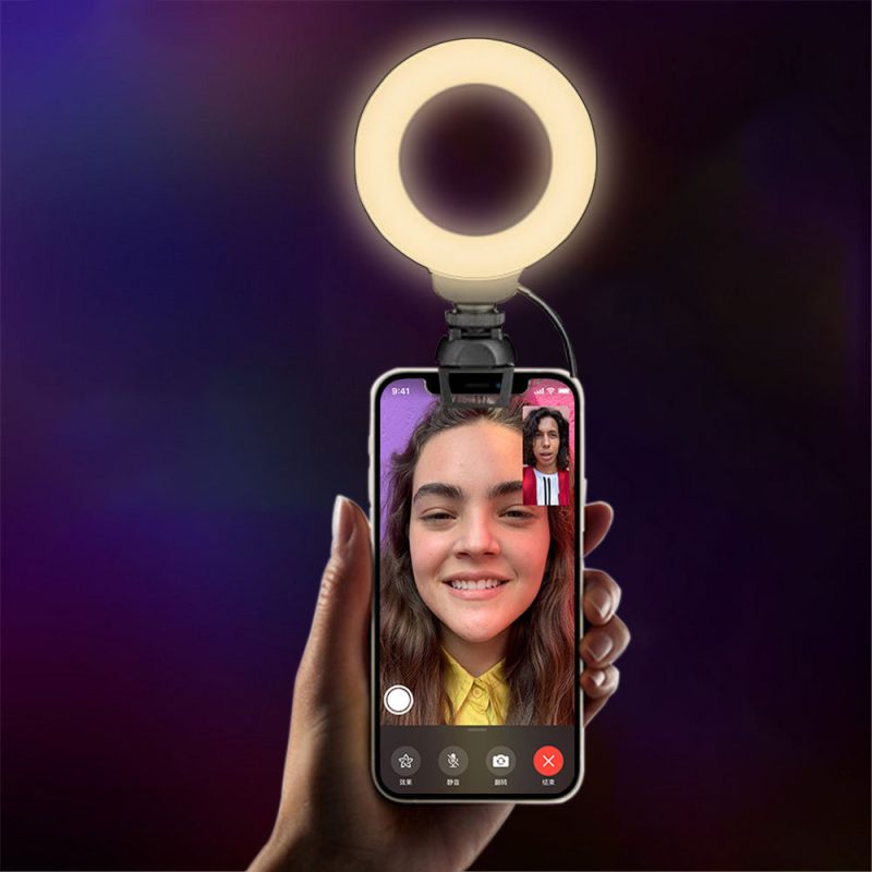 USB napájacie LED kruhové svetlo s hot shoe klipom pre kameru/telefón/PC – 5V, 4.5W, 2500–6500K, stmievateľné a farebne nastaviteľné, dosah 6 m