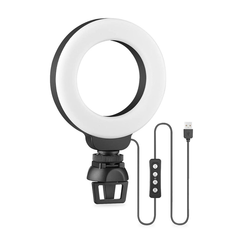 USB napájacie LED kruhové svetlo s hot shoe klipom pre kameru/telefón/PC – 5V, 4.5W, 2500–6500K, stmievateľné a farebne nastaviteľné, dosah 6 m