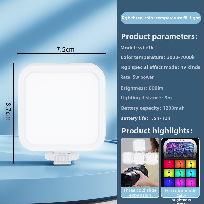 Lumină de umplere compactă pentru DSLR și smartphone, iluminare RGB, temperatură de culoare reglabilă 2500–9900K, 5W putere, alimentare 5V, manevrabilă în mână, pentru live streaming, filmare și selfie