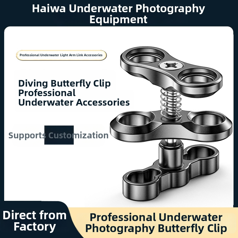 Seafrogs CP-2 Taureņklips zemūdens fotogrāfijai – CNC alumīnija sakausējums, dubultā sfēras galva, gaismas rokas klips ar divām atverēm, universālais kameru turētājs, slodze 3–5 kg