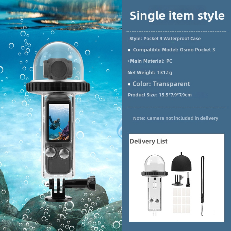 Brdrc povandeninis apsauginis korpusas DJI Osmo Pocket 3, 40 m gylis, PC korpusas, 190 g, komplekte: vandeniui atsparus korpusas, rankos dirželis, 1/4 inch adapterio pagrindas, ilgas varžtas, 12 anti-fog plokščių