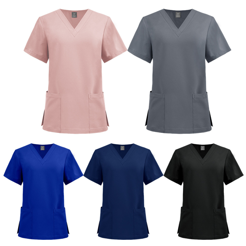Top medical unisex cu decolteu în V, uscare rapidă, amestec poliester-elastan, evacuare umezeala, mâneci scurte