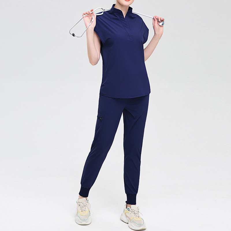 Unisex medicinska odjeća set: top s kratkim rukavima i hlače, V-izrez, poliester, odvlaživanje vlage, ljetni model 2023