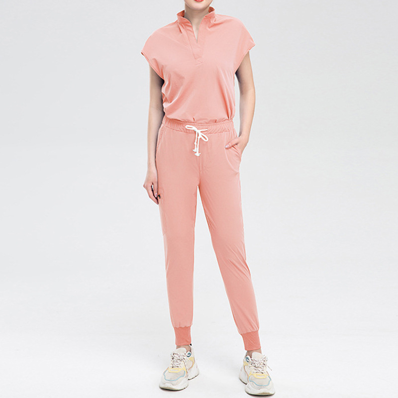 Unisex medicinska odjeća set: top s kratkim rukavima i hlače, V-izrez, poliester, odvlaživanje vlage, ljetni model 2023