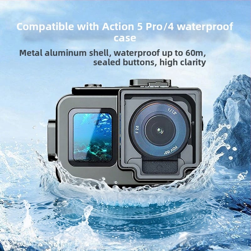 Carcasă de cameră etanșă din aluminiu pentru DJI Action4/5 Pro – SF-15004, material: aliaj de aluminiu + sticlă temperată, greutate 0,15 kg
