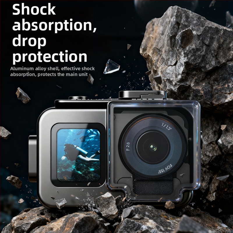 Carcasă de cameră etanșă din aluminiu pentru DJI Action4/5 Pro – SF-15004, material: aliaj de aluminiu + sticlă temperată, greutate 0,15 kg