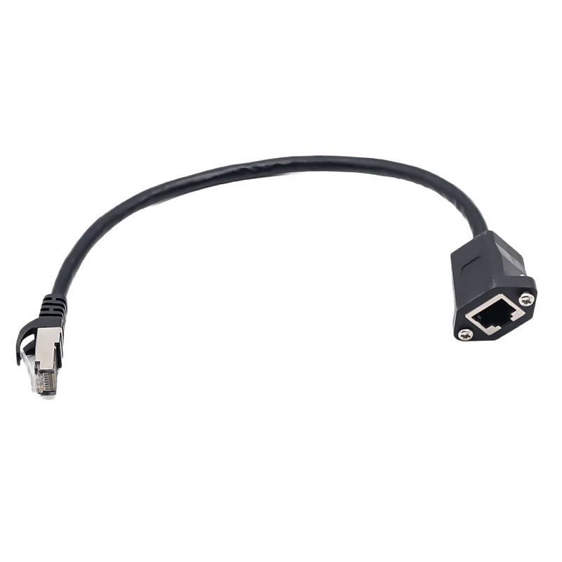 Apsaugotas RJ45 Cat5e tinklo plėtiklio kabelis, vyras–moteris, su fiksuotomis ausimis