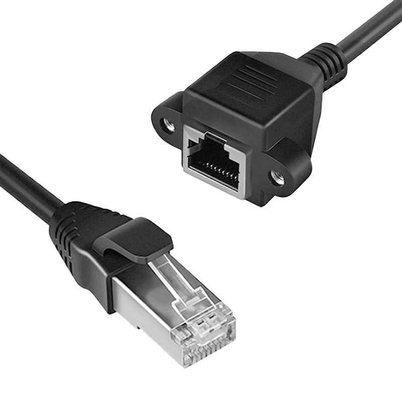 Apsaugotas RJ45 Cat5e tinklo plėtiklio kabelis, vyras–moteris, su fiksuotomis ausimis