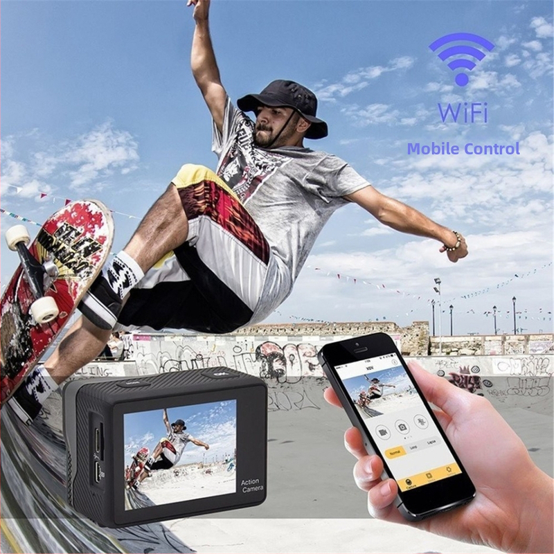 Akčná kamera s 4K dotykovým dvojitým displejom, WiFi diaľkové ovládanie, vonkajšia vodeodolnosť, širokouhlý objektív