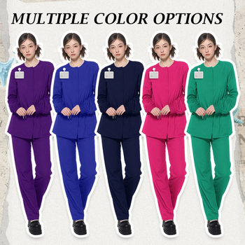 Set scrubs dentar unisex cu mâneci scurte, decolteu în V, material poliester-spandex, absorbant de umiditate, pantaloni incluși