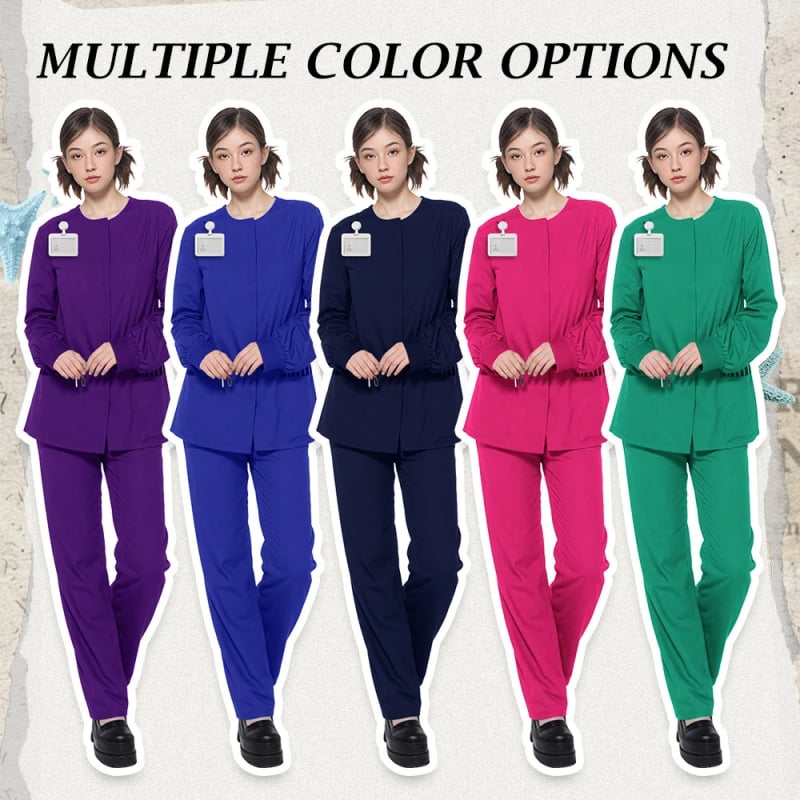 Set scrubs dentar unisex cu mâneci scurte, decolteu în V, material poliester-spandex, absorbant de umiditate, pantaloni incluși