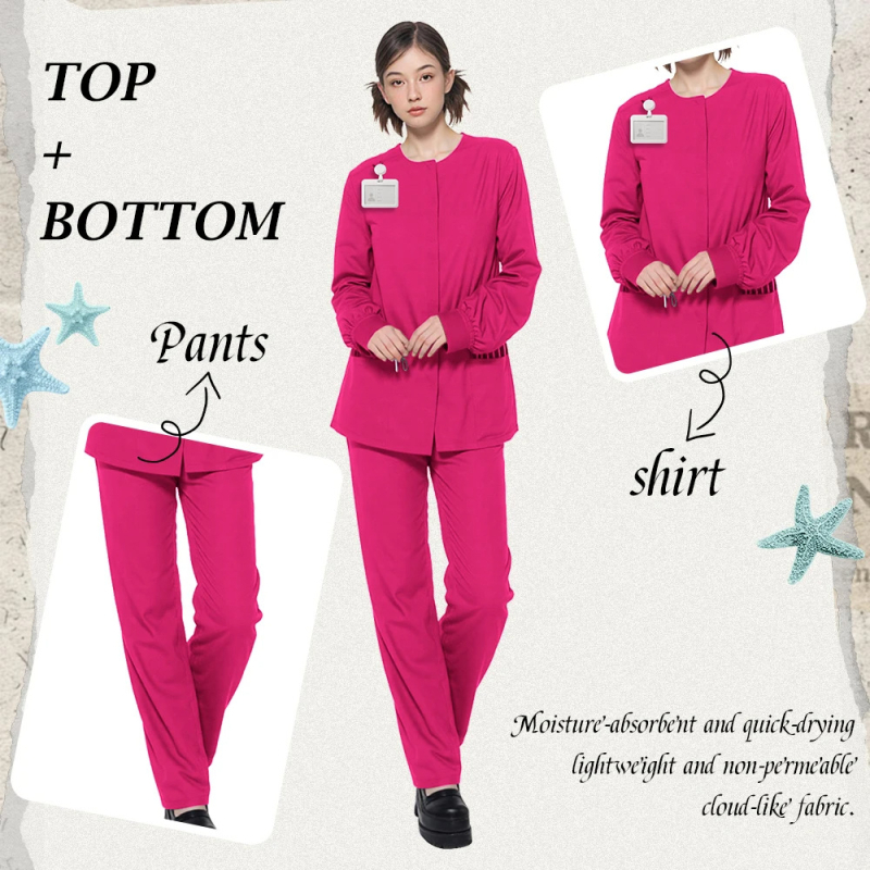 Set scrubs dentar unisex cu mâneci scurte, decolteu în V, material poliester-spandex, absorbant de umiditate, pantaloni incluși