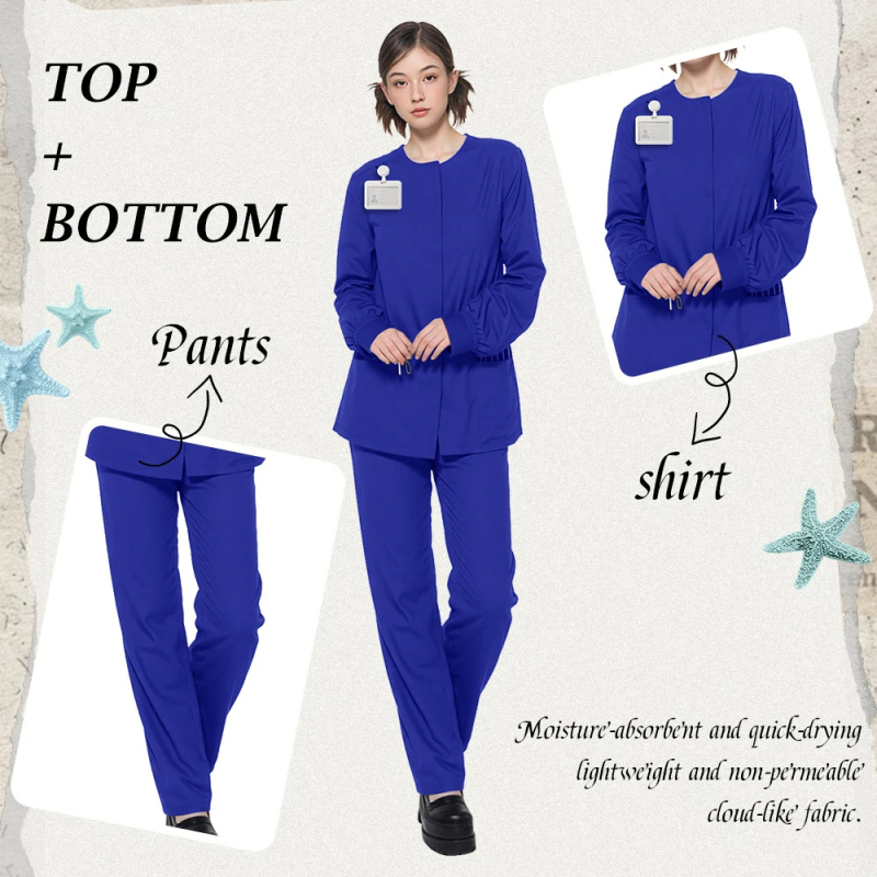 Set scrubs dentar unisex cu mâneci scurte, decolteu în V, material poliester-spandex, absorbant de umiditate, pantaloni incluși