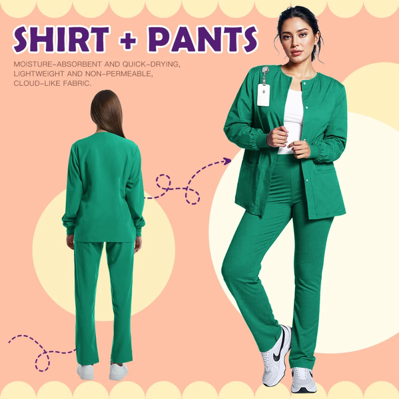 Unisex orvosi scrub ruha V-nyakú, poliészter-spandex keverék, nedvességelvezető, hossz 50–65 cm