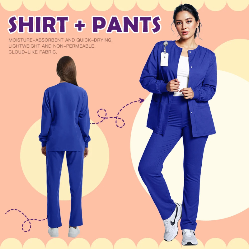 Unisex orvosi scrub ruha V-nyakú, poliészter-spandex keverék, nedvességelvezető, hossz 50–65 cm