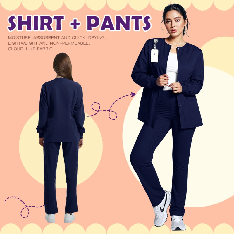 Unisex orvosi scrub ruha V-nyakú, poliészter-spandex keverék, nedvességelvezető, hossz 50–65 cm