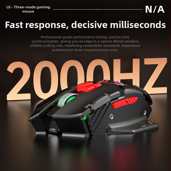 Bezvadu spēļu pele L8 — 9 tausti, makroprogrammēšana, uzlādējams, 24000 DPI, 2.4 GHz, trīs savienojuma režīmi