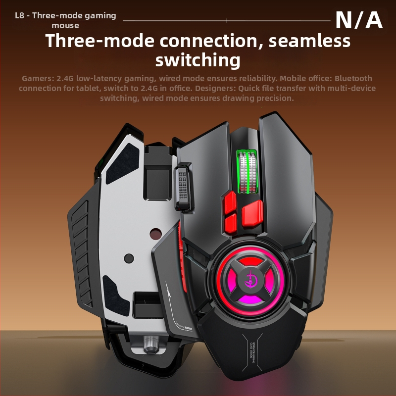Bezvadu spēļu pele L8 — 9 tausti, makroprogrammēšana, uzlādējams, 24000 DPI, 2.4 GHz, trīs savienojuma režīmi