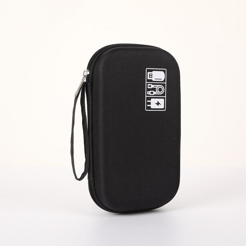Multifunkciós adatkábel-tároló táska, kézitáska-stílus, anyag Oxford vászon + EVA, kis egyrétegű kialakítás, méretei 20,5×11×5 cm, súlya 90 g, utazáshoz ideális