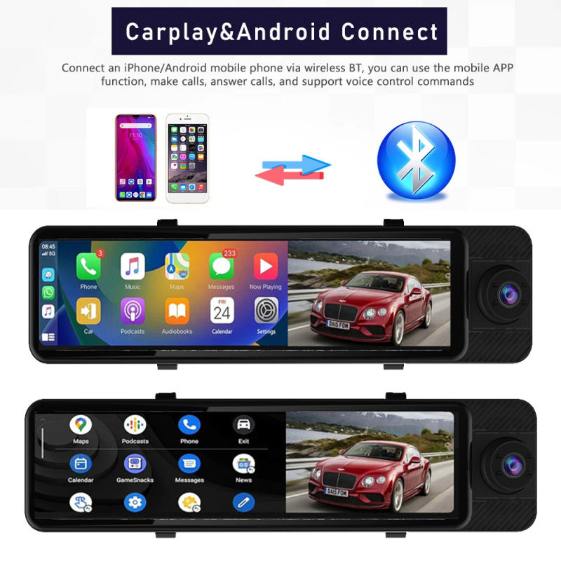 Trijų objektyvų 4K automobilinis vaizdo registratorius su GPS, naktiniu matymu, CarPlay ir Android Auto
