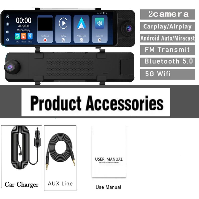 Trijų objektyvų 4K automobilinis vaizdo registratorius su GPS, naktiniu matymu, CarPlay ir Android Auto