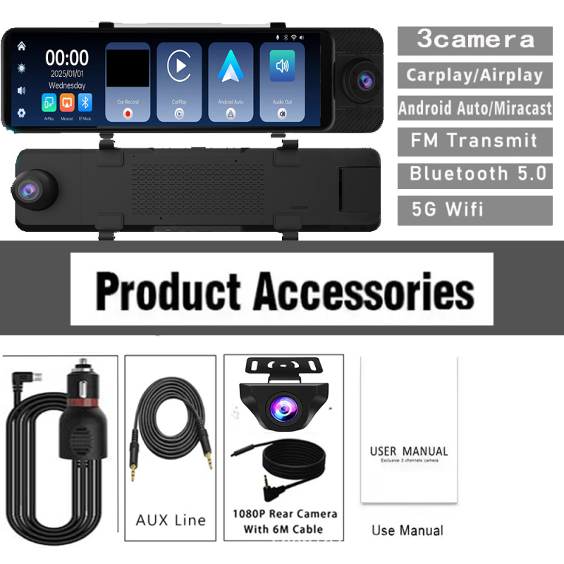Trijų objektyvų 4K automobilinis vaizdo registratorius su GPS, naktiniu matymu, CarPlay ir Android Auto