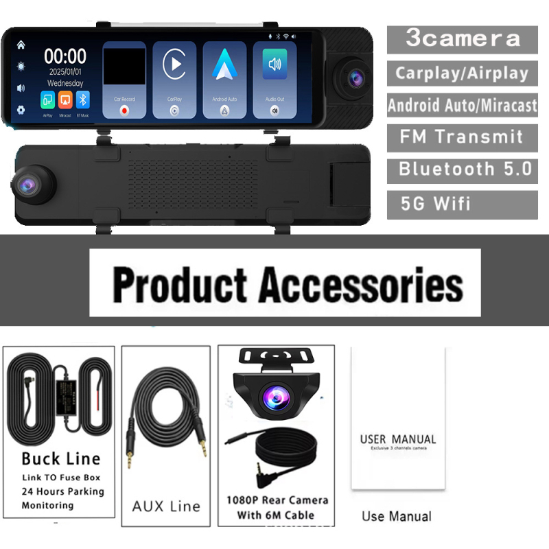 Trijų objektyvų 4K automobilinis vaizdo registratorius su GPS, naktiniu matymu, CarPlay ir Android Auto