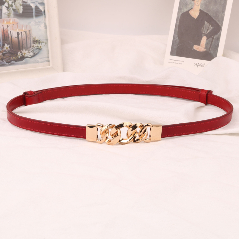 Moterų natūralios odos diržas, dviejų sluoksnių galvijų odos, grandinės formos sagtis, plonas plotis <2 cm