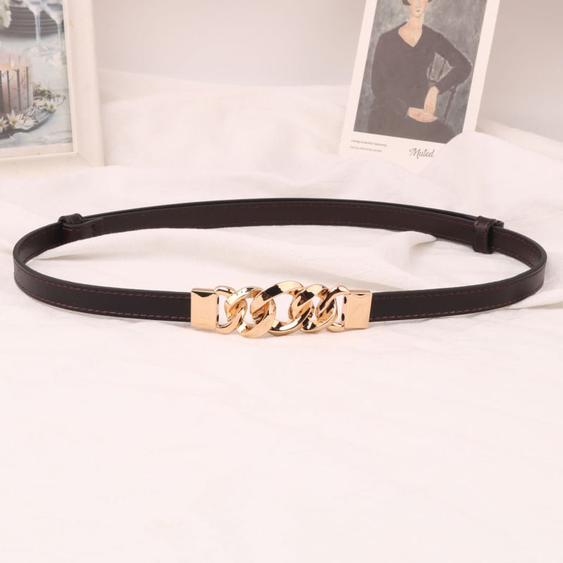 Moterų natūralios odos diržas, dviejų sluoksnių galvijų odos, grandinės formos sagtis, plonas plotis <2 cm