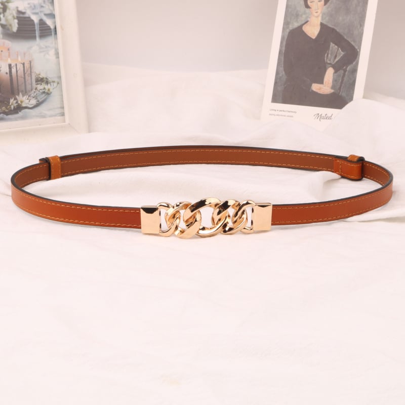 Moterų natūralios odos diržas, dviejų sluoksnių galvijų odos, grandinės formos sagtis, plonas plotis <2 cm