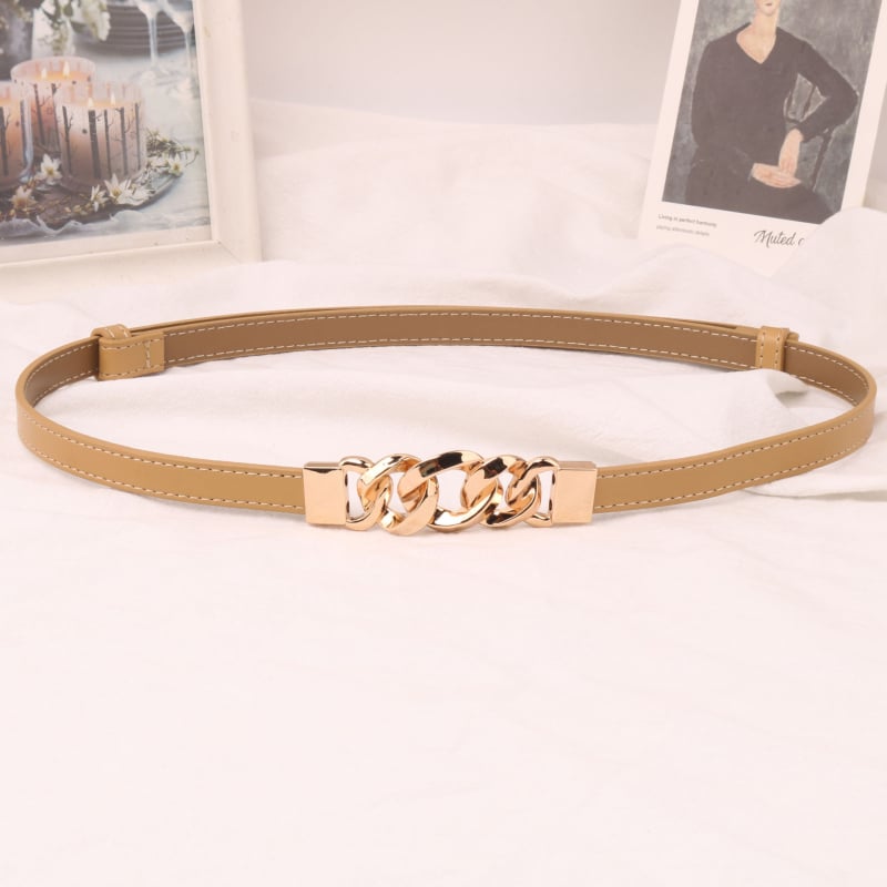 Moterų natūralios odos diržas, dviejų sluoksnių galvijų odos, grandinės formos sagtis, plonas plotis <2 cm